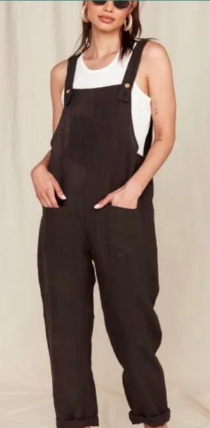 Mate the‎ Label Maya Linen Overalls Jumpsuit Size medium black lagenlook thumbnail 1