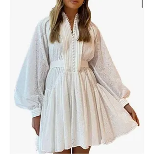 NEW White Eyelet Swing tunic Mini Dress Pockets S thumbnail 1