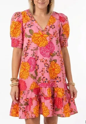 Karlie Women’s M Floral Bubble Sleeve V-Neck Ruffle-Hem Mini Dress with Pockets thumbnail 1