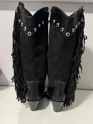 Black Fringed Western Knee-High Boots with Silver Accents thumbnail 3