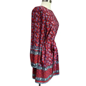 LOFT‎ Border Floral Red Long Sleeve Boho Tie Waist Dress Size XS thumbnail 3