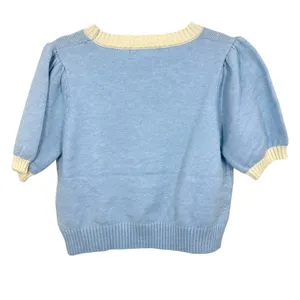 Threaded Leaf Women's Cropped Knit Sweater Blue Sailboat Puff Sleeve Sweater NWT thumbnail 3