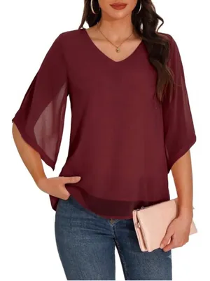 NEW Ruffle 3/4 Sleeve Chiffon Tops V Neck 2 Layers Blouse M thumbnail 1
