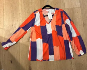 Stewart Simmons Colorblock Abstract V-Neck Blouse - Orange / Purple thumbnail 1