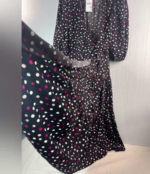 Kate Spade L Drop Waist Wrap Black and Pink Polka Dot Dress thumbnail 7