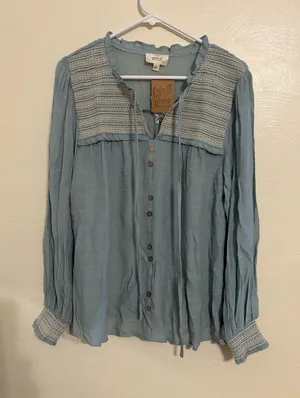Perch by Blu Pepper Boho Peasant Blouse XL Blue Smocked Long Sleeve Cottagecore thumbnail 1