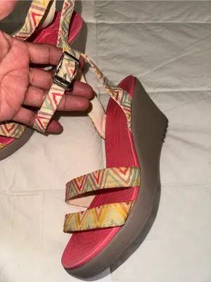 CROCS Brown Wedge Sandals with Multicolor Chevron Straps thumbnail 3