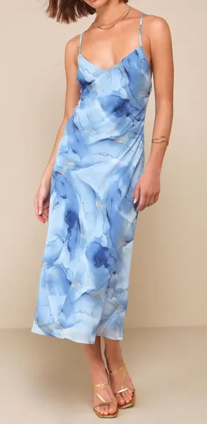 Lulu’s Bright Charm Blue Abstract Print Chiffon Slip Midi size medium thumbnail 1