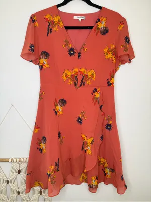 Madewell Dress Posy Cactus Flower Coral Orange Pink floral print wrap ruffle thumbnail 1