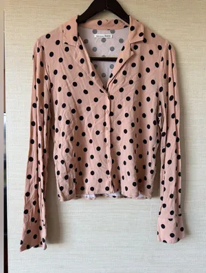 Reformation Polka Dot Button-Up Blouse Cropped Long Sleeve Size Small Pink Black thumbnail 1
