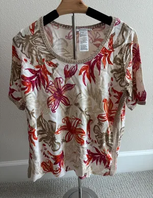 Chico's Tropical Floral Sweater Women‎ 1 M White Orange Crochet Trim Boho Resort thumbnail 1