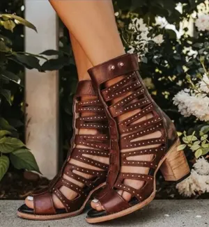 Awesome New FREEBIRD by Steven Lotus Stud Gladiator Heels - Cognac - Sz 8 thumbnail 1