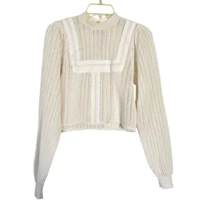 Zara Romantic Sheer Knit Top Lace Trim High Neck Keyhole Back Long Sleeve Size S thumbnail 4