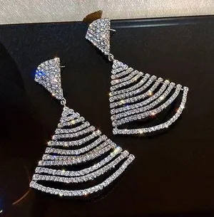 Women's Silver Plated Fan-Shaped Rhinestone Dangle Drop Earrings thumbnail 2