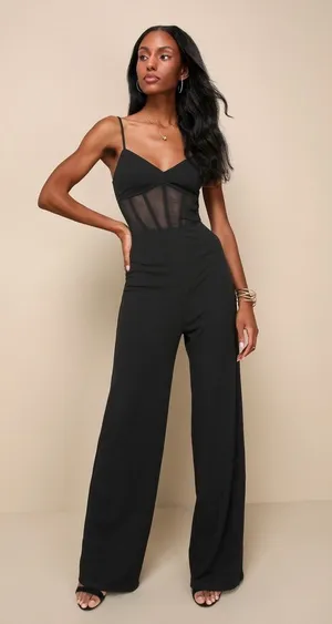 NWT Lulus Sultry Strut Black Mesh Bustier Sleeveless Wide-Leg Jumpsuit Size XS thumbnail 1