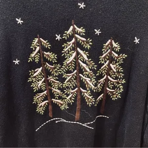Vintage Christmas Sweater Cardigan Zip Trees 1X Embroidered Black Green thumbnail 8