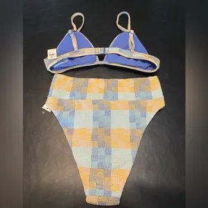 aerie Pastel Yellow Blue Checkered TriangleTop Cheeky Bottom Bikini Set size S/M thumbnail 2