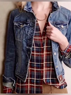 Anthropologie Pilcro‎ AVIE Classic Denim Trucker Jacket Leather Detail Size XS thumbnail 2