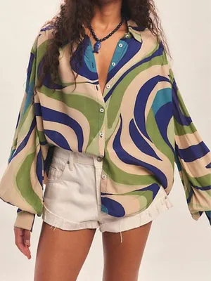 NWT Free People Joy Printed Button Down Shirt in Teal & Blue Combo thumbnail 1