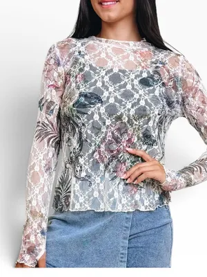Oragami Floral Lace Mesh top with mini Rhinestone accents size Large thumbnail 2