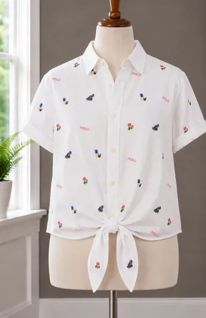 Vintage Polo Ralph Lauren White Embroidered Tie Front Shirt Size Small Flowers thumbnail 1