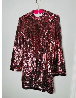 ANTHROPOLOGY MAEVE Pink Sequin Mock Neck Bell Sleeve Mini Dress NWT Size XS thumbnail 6
