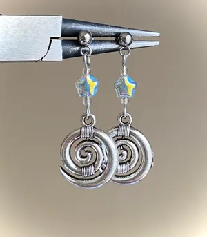 Handmade beautiful quality Czech glass star beads & swirl/spiral stainless steel dangle earrings🌀💚⭐️ thumbnail 1