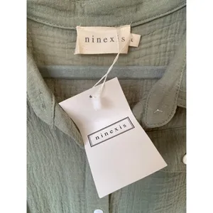 Ninexis Sage‎ Cotton Gauze Romper Collared Button Summer L Quiet Luxury Beachy thumbnail 6