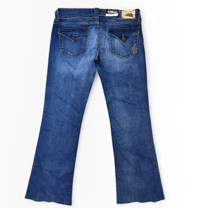 NWT Emerson Edwards Flare Boot Cut Jeans Dark Wash Size 32 Mid Rise Raw‎ Hem thumbnail 2
