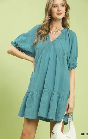 Umgee Cotton Gauze Mini Dress - Blue - Small thumbnail 1