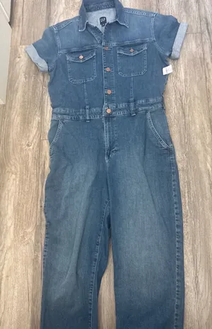 Gap Women Blue Denim Utility Jumpsuit Short Sleeve Button Front Romper Size 10 thumbnail 1