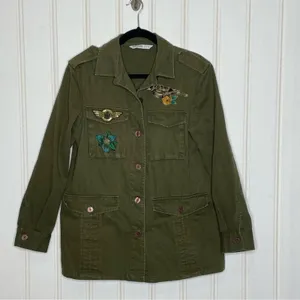 Zara Basic Z1975 Denim Military Utility Jacket Olive Green Embroidered Bird M thumbnail 7