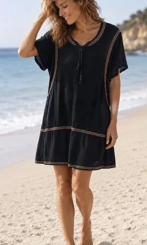 Garnet Hill Tunic Dress 100% Organic Linen Black Embroidered Loose Flowy Boho S thumbnail 1