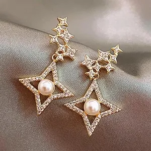 Crystal Pearl Beaded Stud Drop Earring Gold thumbnail 1