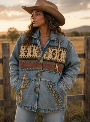 Vintage 220‎ Hickory Western Southwestern Aztec Denim Jacket Faux Leather Trim thumbnail 1