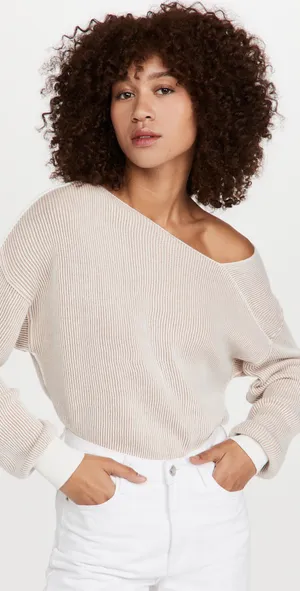 Line & Dot Favorite Off the Shoulder Sweater in Ivory &Taupe XS thumbnail 2