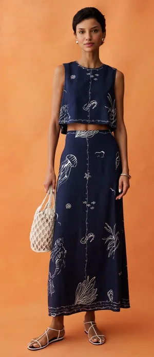 NWT ANAYA Sari Set size 6 blue navy linen skirt Few Moda thumbnail 1