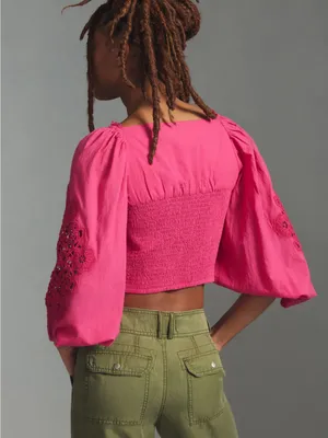 FARM Rio Pink Lace Puff sleeve Cropped Blouse thumbnail 3