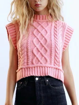 ZARA Pink Cable Knit Sweater Vest‎ Womens S Cropped Chunky Knit Sleeveless Top thumbnail 1