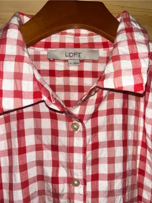 LOFT Red & White Gingham Short Sleeve Button-Down Shirt thumbnail 2