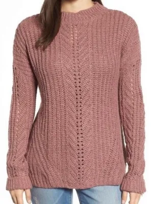 Lucky Brand Sweater Size Small Pink‎ Open Knit Mock Neck Top Boho Forest Fairy thumbnail 1