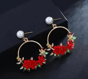 Women's Pearl Crystal Flower Dangle Drop Hoop Earrings thumbnail 1