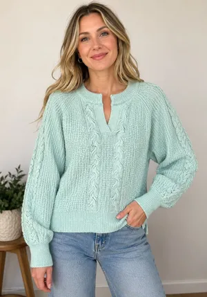 DESIGN HISTORY Sweater Womens XXL Mint Green Cable‎ Knit Split Neck Pullover NWT thumbnail 1