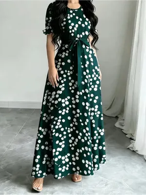 Polka Dot Maxi Dress in Dark Green with Belt thumbnail 3