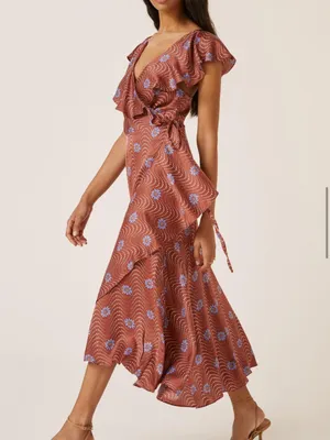 Anthropologie Ruffle-Sleeve Printed-Wrap Rust Midi Dress with Blue Floral Print thumbnail 3