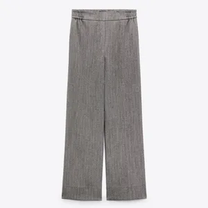 Zara Women‎ Bloggers Favorite Gray Wide Leg Herringbone Elastic Waist Pants Sz L thumbnail 15