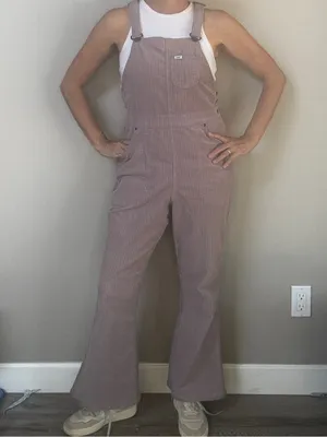 Free People X Lee Vintage Factory Flare Corduroy Overalls mauve Sz Medium thumbnail 4