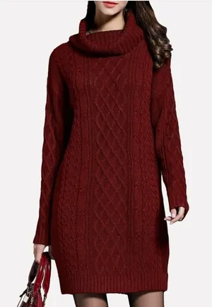 Banana Republic Women's Sz Large Sweater Dress Cowl Neck Burgundy Cableknit Wool thumbnail 1