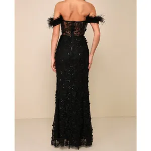 NEW Lulus Midnight Sparkle Black Embroidered Feather Bustier Maxi Dress XS thumbnail 4