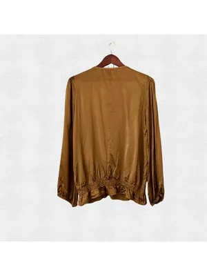 100% Silk Brown Peasant Blouse Long Sleeve Satin Shirt Size 8 Medium Coquette thumbnail 4